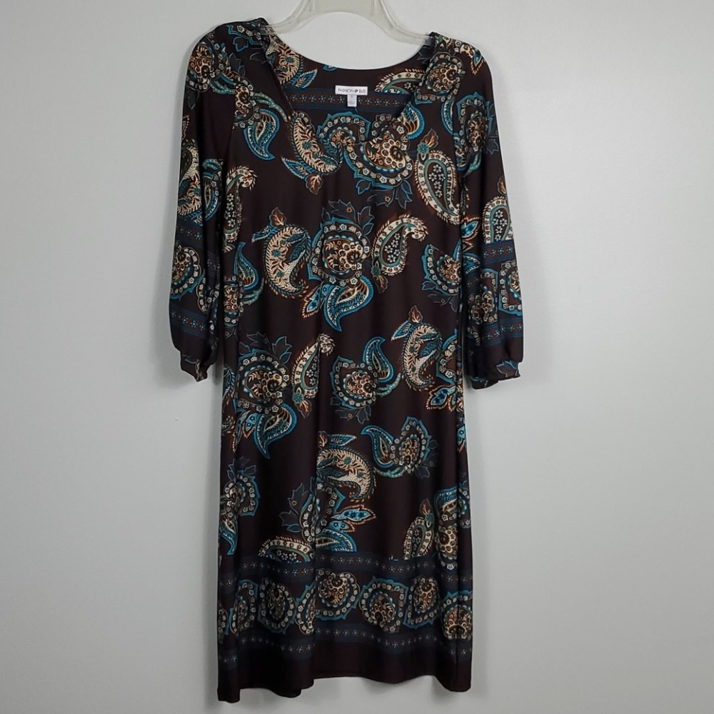 Retro Style Brown and Turquoise Paisley Dress S